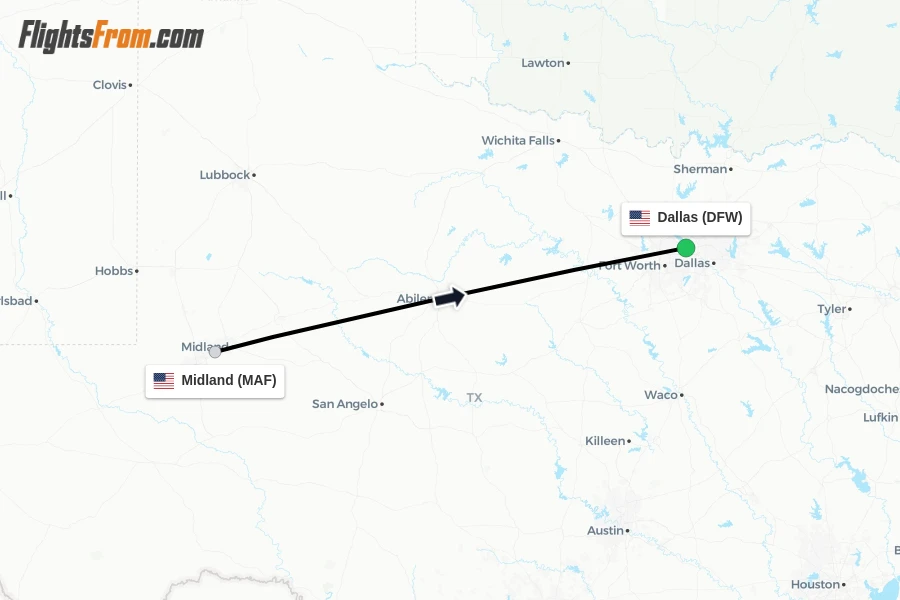 Flights from Midland to Dallas route map