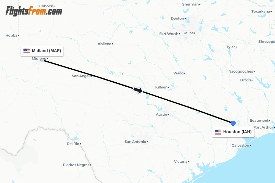 Flights from Midland to Houston route map
