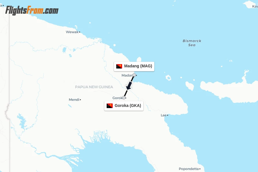 Flights from Madang to Goroka route map