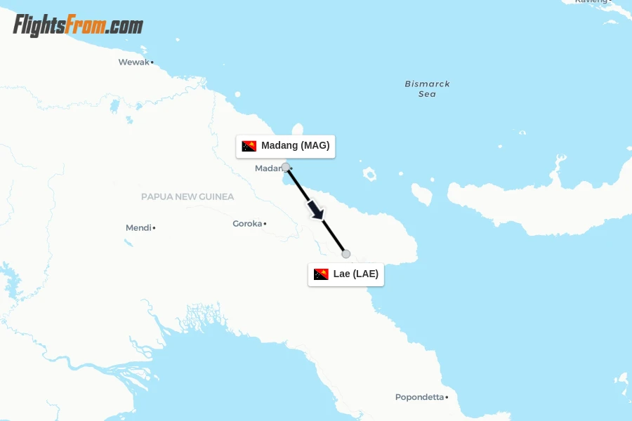 Flights from Madang to Lae route map
