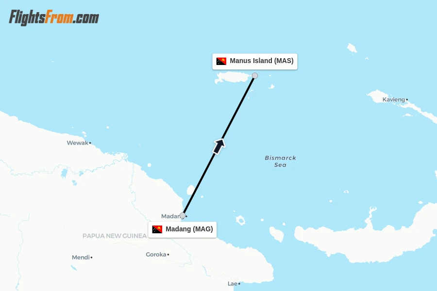 Flights from Madang to Manus Island route map