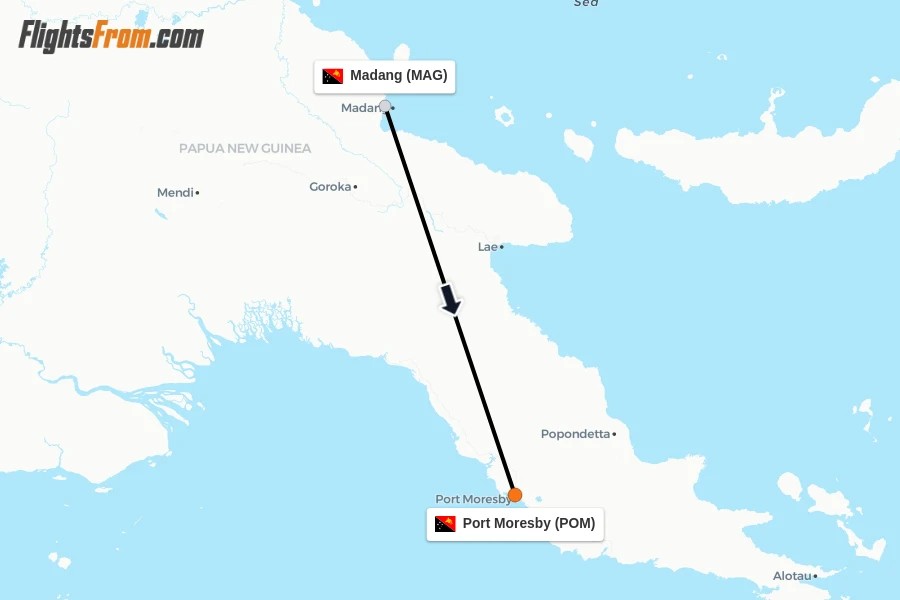Flights from Madang to Port Moresby route map