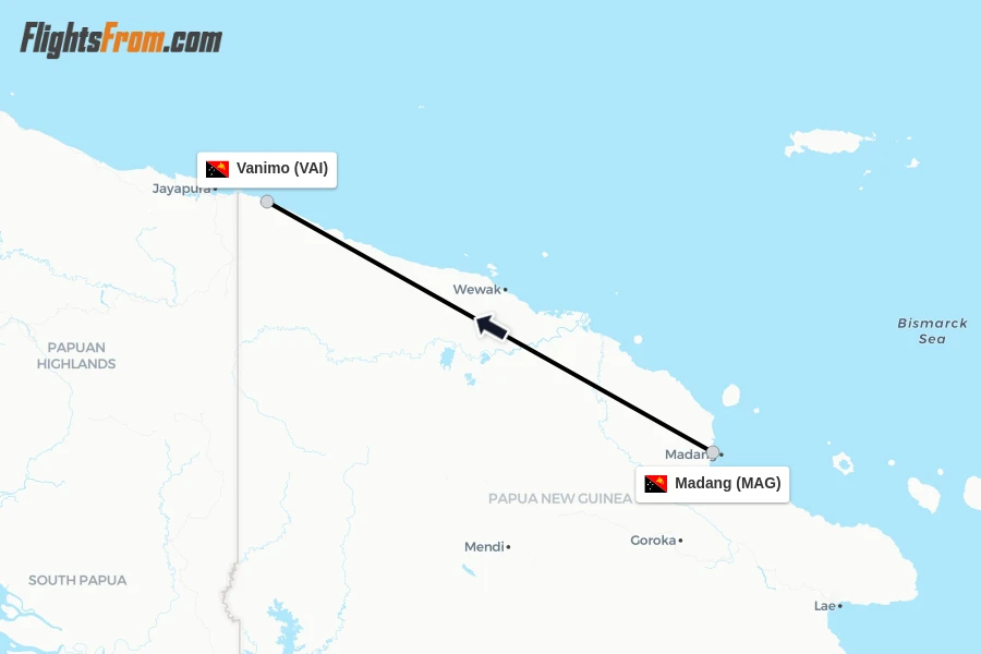 Flights from Madang to Vanimo route map