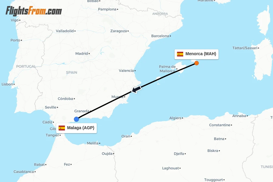 Flights from Menorca to Malaga route map