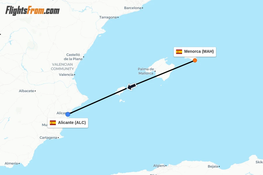 Flights from Menorca to Alicante route map