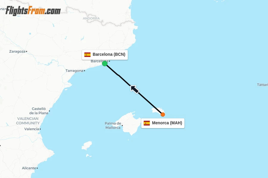Flights from Menorca to Barcelona route map