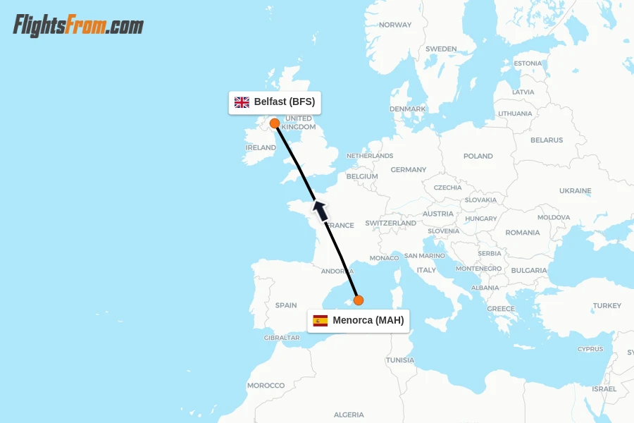 Flights from Menorca to Belfast route map