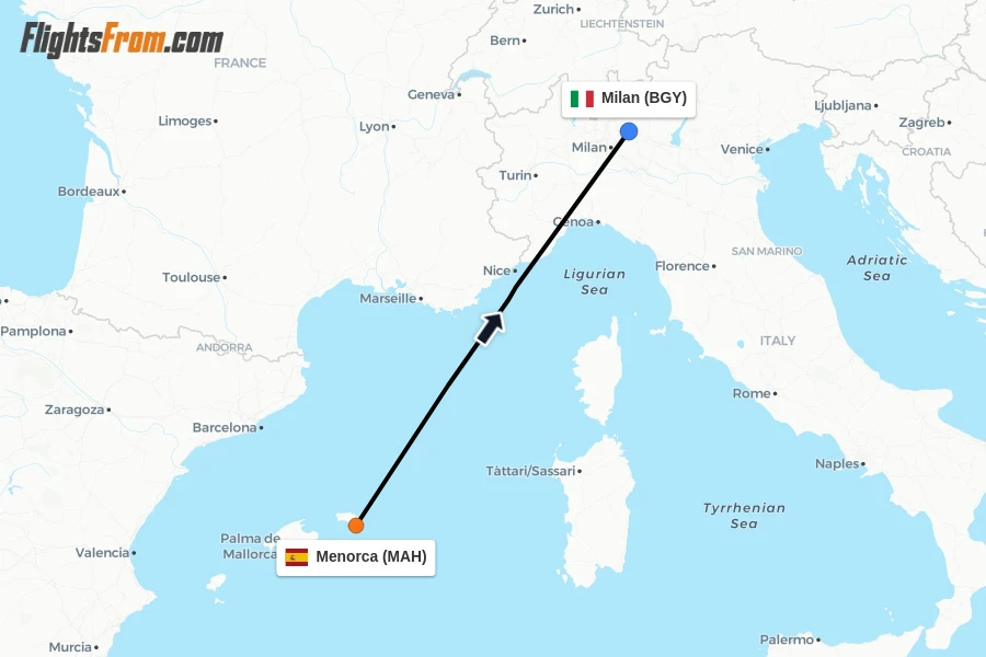 Flights from Menorca to Milan route map