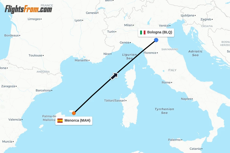 Flights from Menorca to Bologna route map
