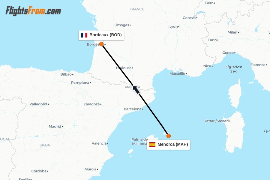 Flights from Menorca to Bordeaux route map