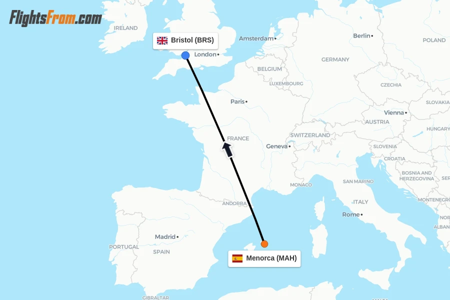 Flights from Menorca to Bristol route map
