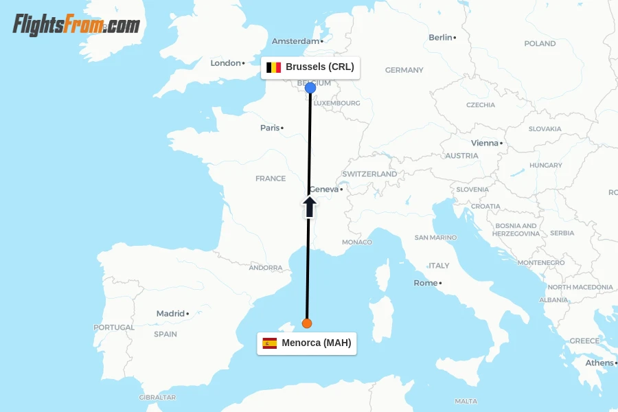 Flights from Menorca to Brussels route map