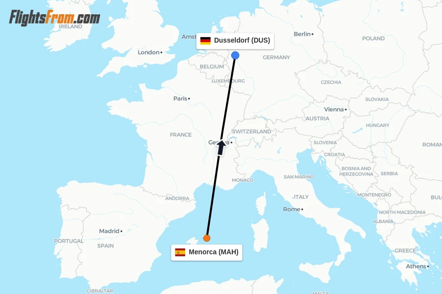 Flights from Menorca to Dusseldorf route map