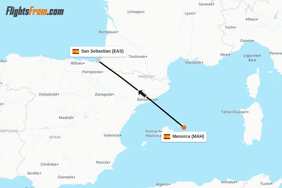 Flights from Menorca to San Sebastian route map