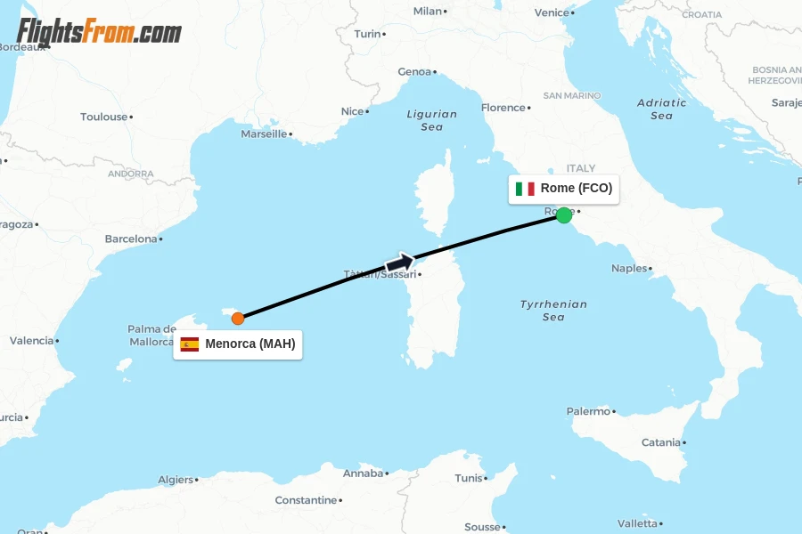 Flights from Menorca to Rome route map