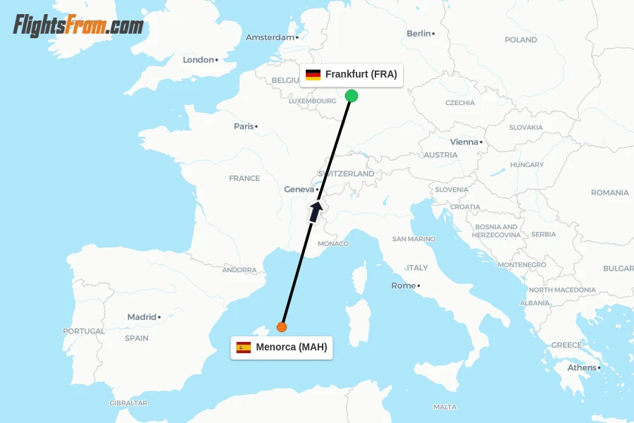 Flights from Menorca to Frankfurt route map