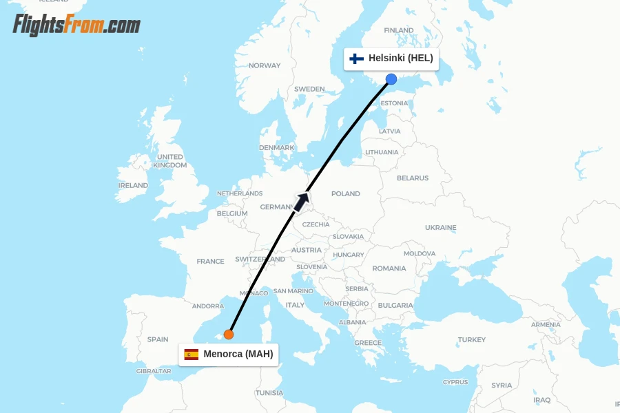 Flights from Menorca to Helsinki route map