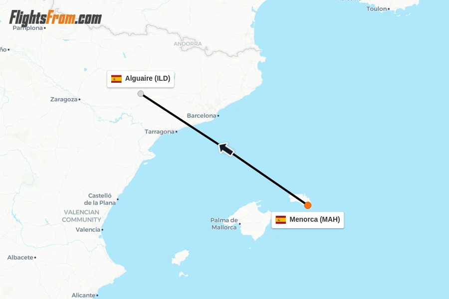 Flights from Menorca to Alguaire route map