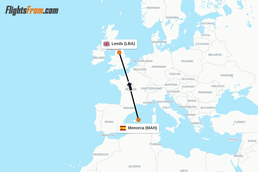 Flights from Menorca to Leeds route map