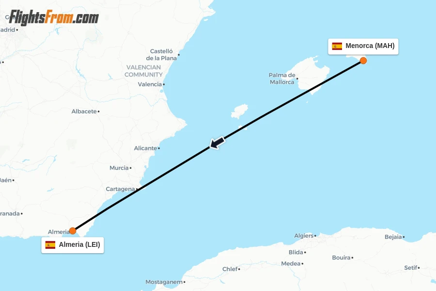 Flights from Menorca to Almeria route map