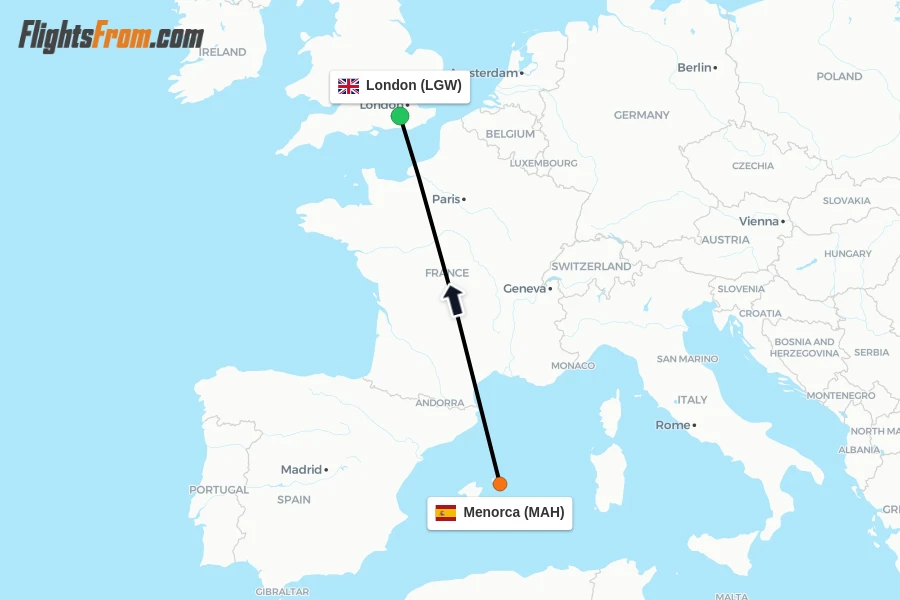 Flights from Menorca to London route map
