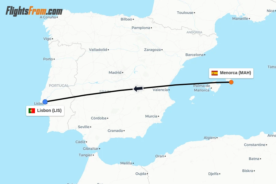 Flights from Menorca to Lisbon route map