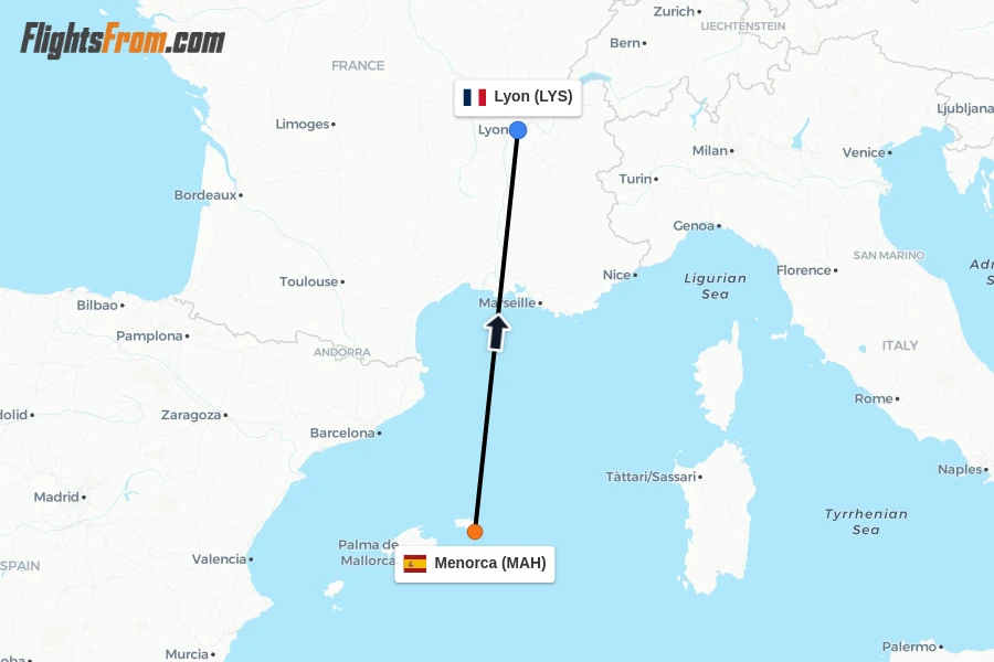 Flights from Menorca to Lyon route map