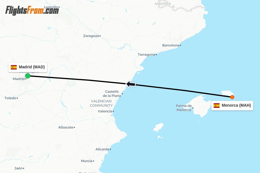 Flights from Menorca to Madrid route map
