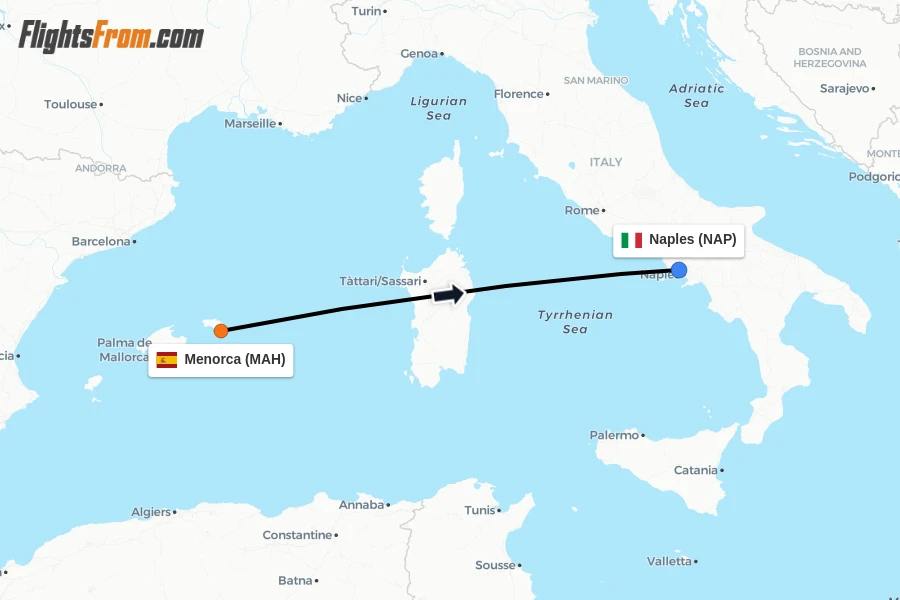 Flights from Menorca to Naples route map