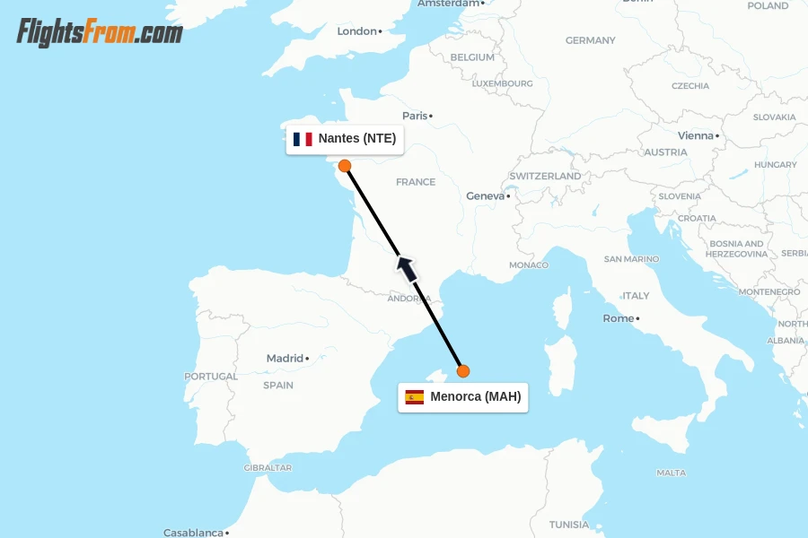 Flights from Menorca to Nantes route map