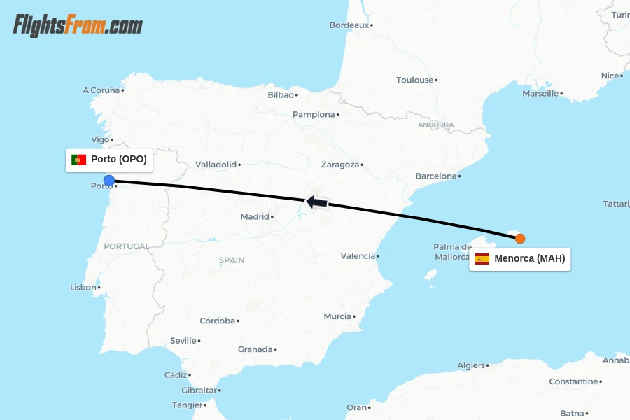 Flights from Menorca to Porto route map