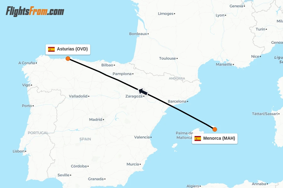 Flights from Menorca to Asturias route map