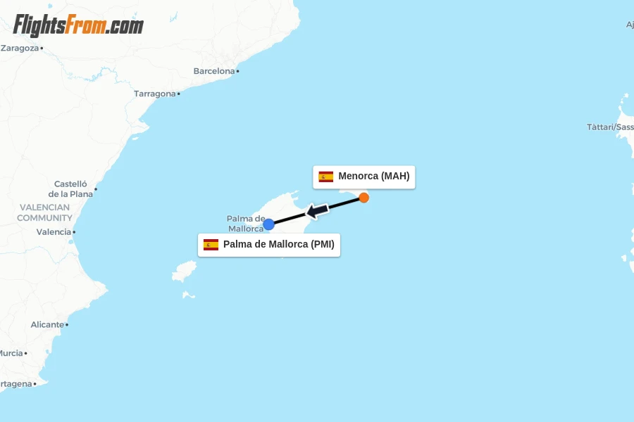 Flights from Menorca to Palma de Mallorca route map