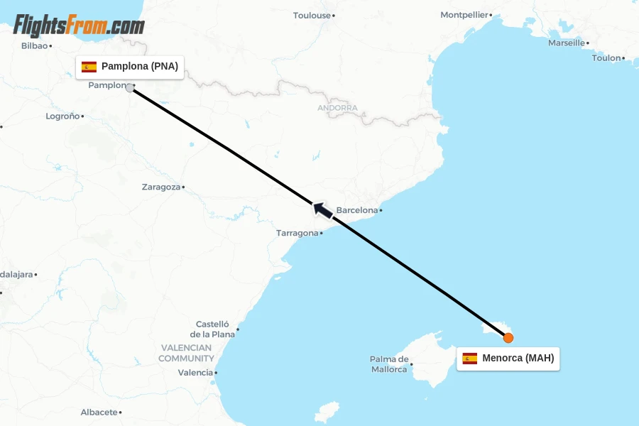 Flights from Menorca to Pamplona route map