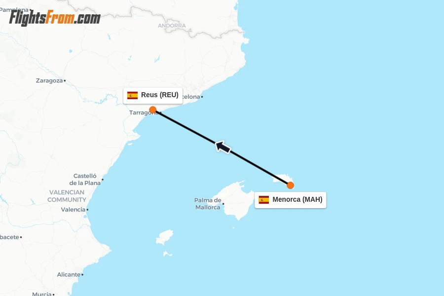 Flights from Menorca to Reus route map