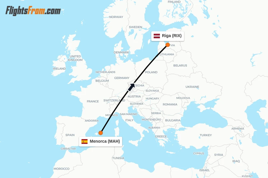 Flights from Menorca to Riga route map