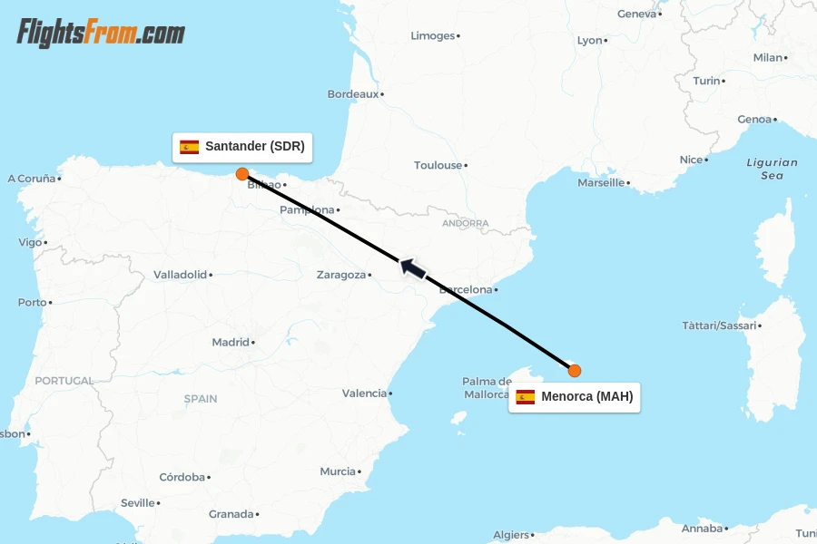 Flights from Menorca to Santander route map
