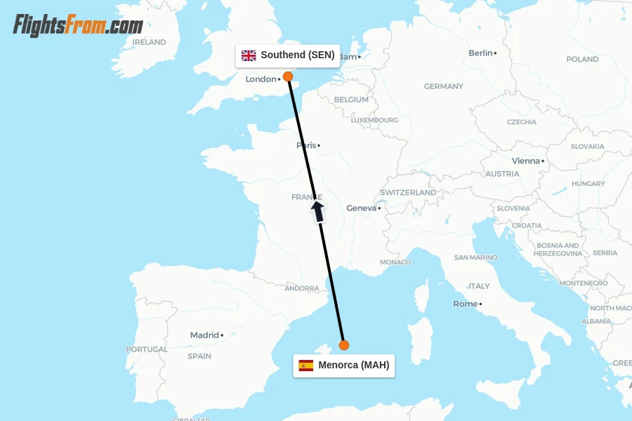 Flights from Menorca to Southend route map