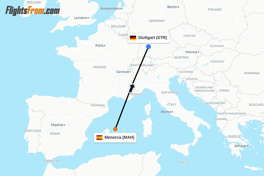 Flights from Menorca to Stuttgart route map