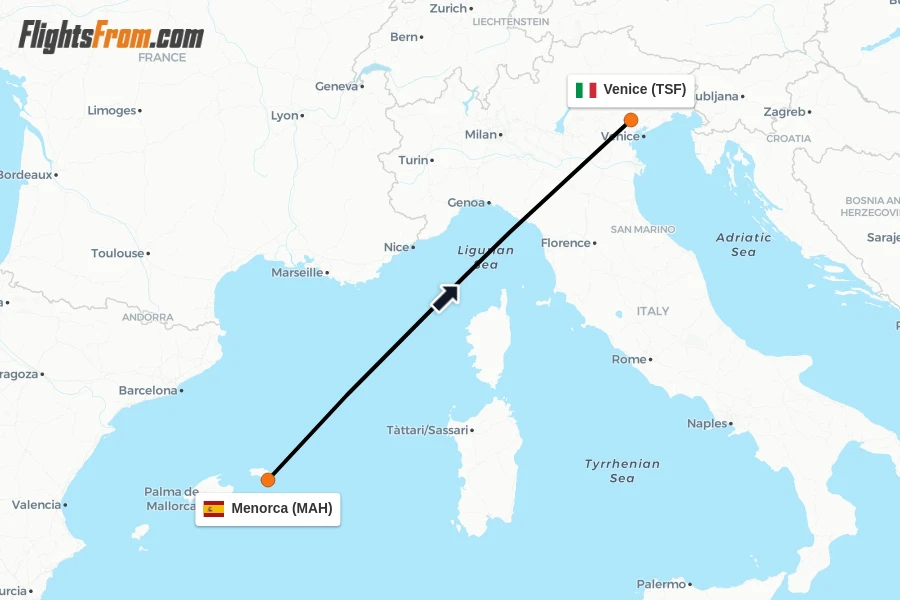 Flights from Menorca to Venice route map