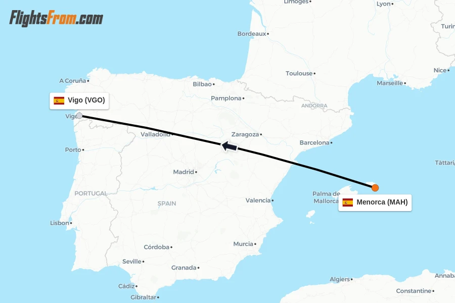 Flights from Menorca to Vigo route map