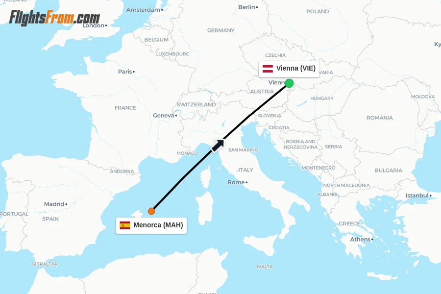 Flights from Menorca to Vienna route map