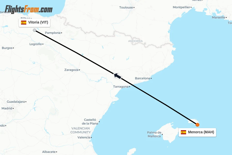 Flights from Menorca to Vitoria route map