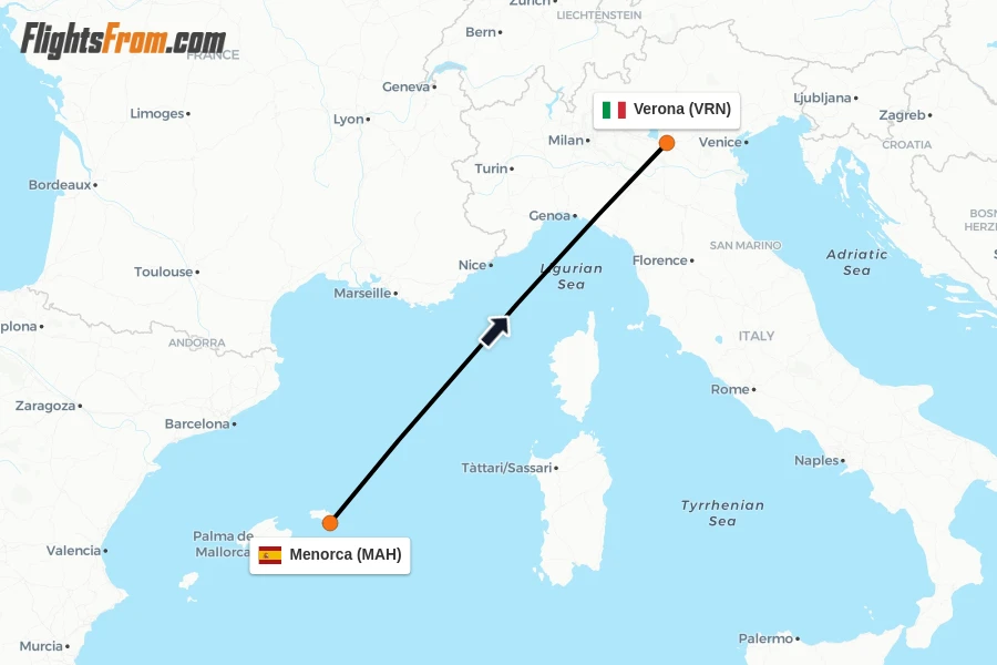 Flights from Menorca to Verona route map