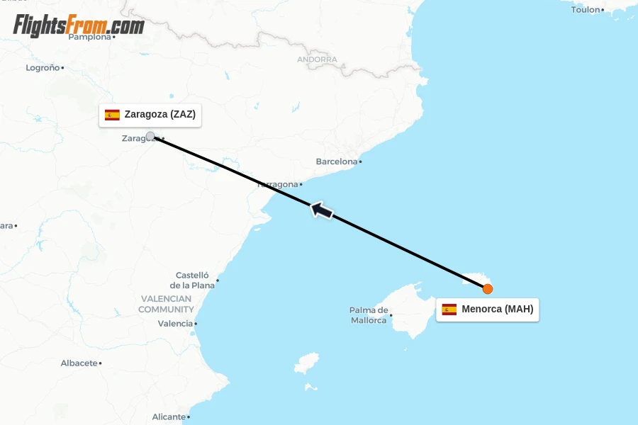 Flights from Menorca to Zaragoza route map