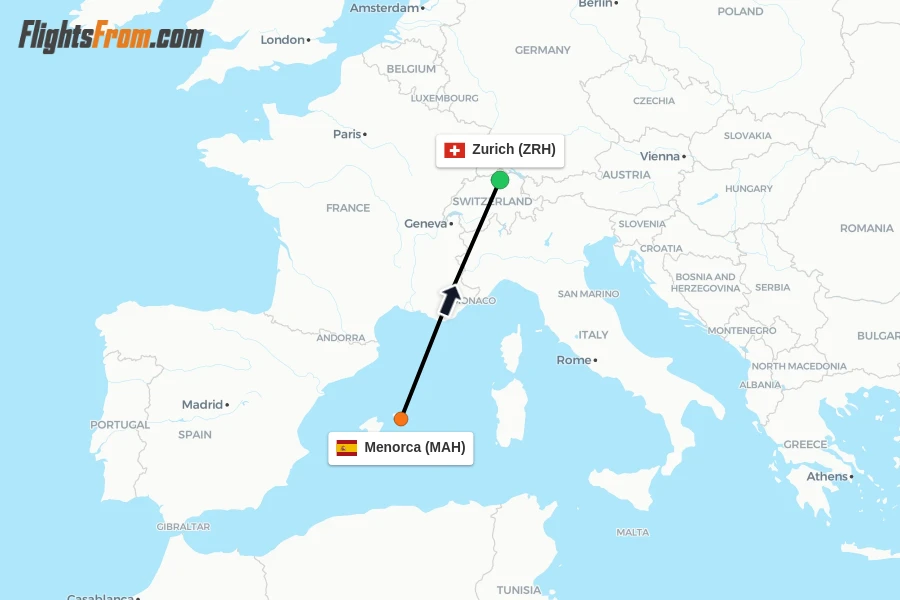 Flights from Menorca to Zurich route map
