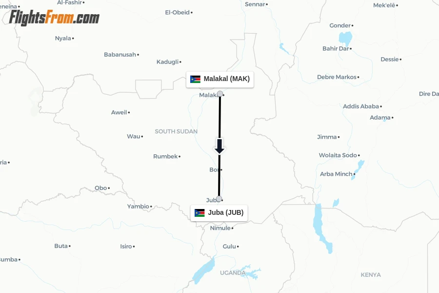 Flights from Malakal to Juba route map