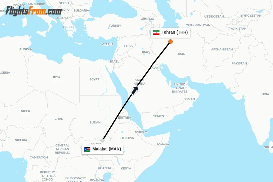Flights from Malakal to Tehran route map