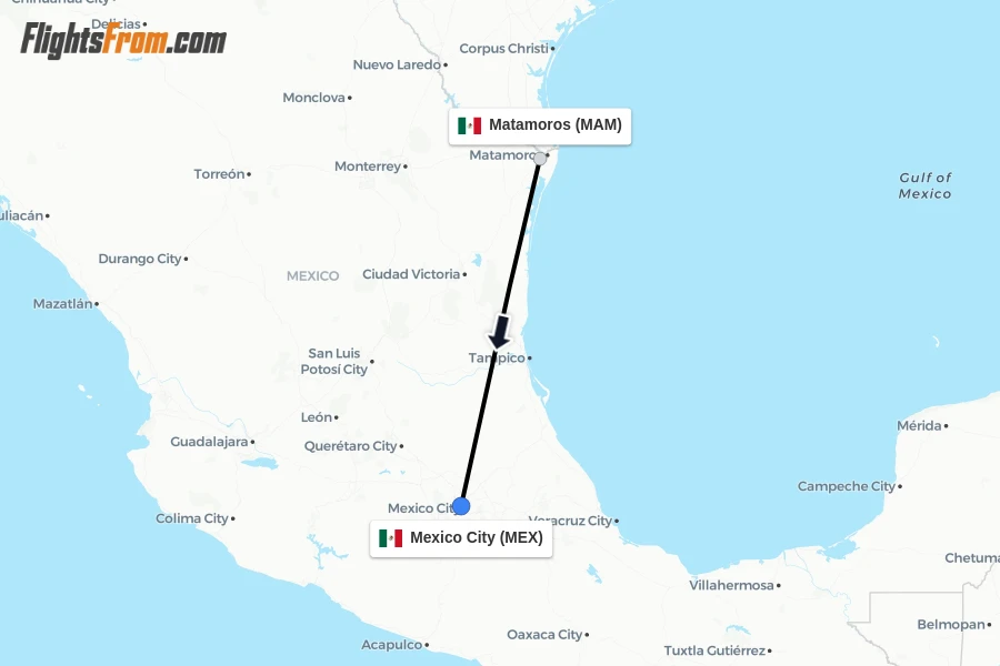 Flights from Matamoros to Mexico City route map