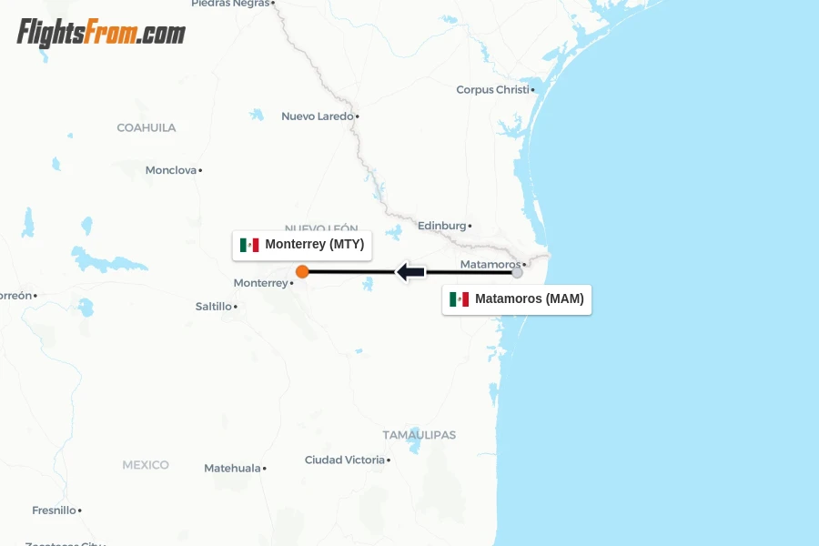 Flights from Matamoros to Monterrey route map